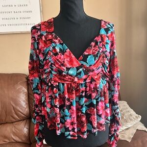 SO Red and Pink Floral Blouse